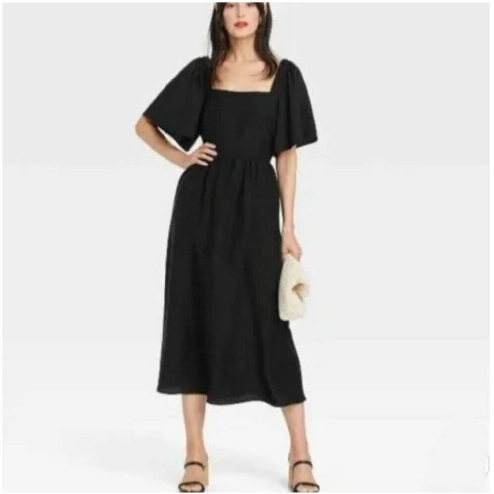 A New Day Women's Black Flutter Sleeve Open Tie Back Bow Midi Dress